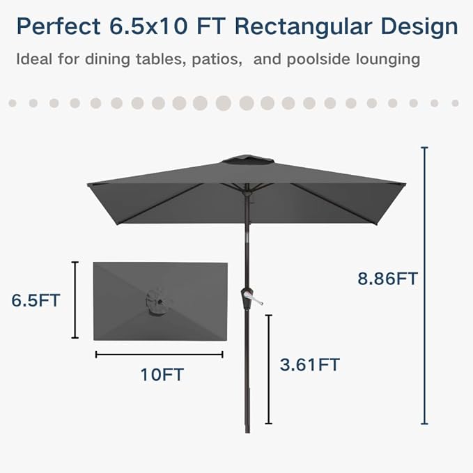 6.5' x 10' Rectangular Patio Umbrella Large Outdoor Market Umbrella w/UV Protection, Push Button Tilt and Crank Lift, Rectangle Table Umbrella for Garden, Deck, Pool, Patio, Grey
