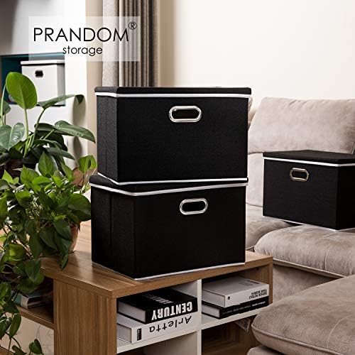 PRANDOM Extra Large Collapsible Storage Bins with Lids [3-Pack] Linen Fabric Foldable Storage Baskets Boxes Organizer Containers Cube with Cover for Bedroom Closet Office Nursery (22.8x15.7x13.8)