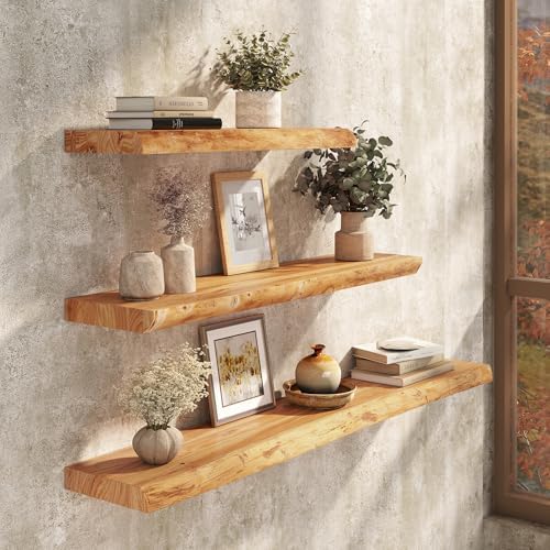 24" Floating Shelves Set of 2, Solid Elm Wood, Natural Live Edge