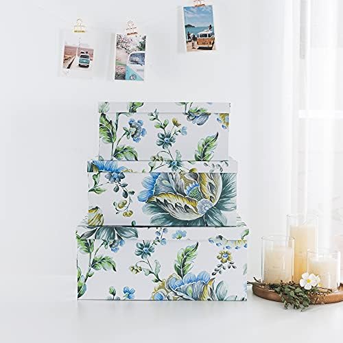 Soul & Lane - Breezy Bloom Floral Storage Boxes with Lids, Set of 3 | Nesting Decorative Photo Containers for Memories and Keepsakes, Pretty Flower Paperboard Bins, Cardboard File Boxes