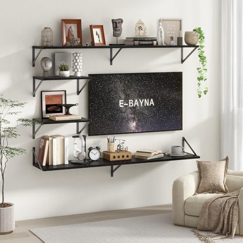 Floating Shelves 48 Inch Long, 10" Deep Floating Shelves, Black Wall Shelves 48 x 10, Set of 2, Wide Large Display Storage Shelves for Bathroom, Living Room, Rustic Wood Shelves with Brackets