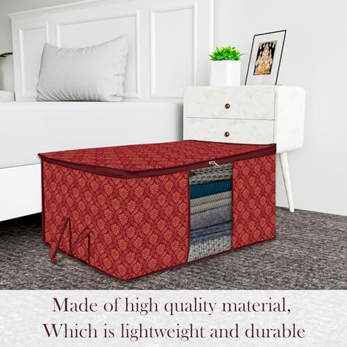 Kuber Industries Pack of 12 Non Woven Underbed Storage Organizer | Storage Bags For Clothes, Blanket | Clothes Storage Bag For with Handle & Visible Window | Golden Printed - Maroon