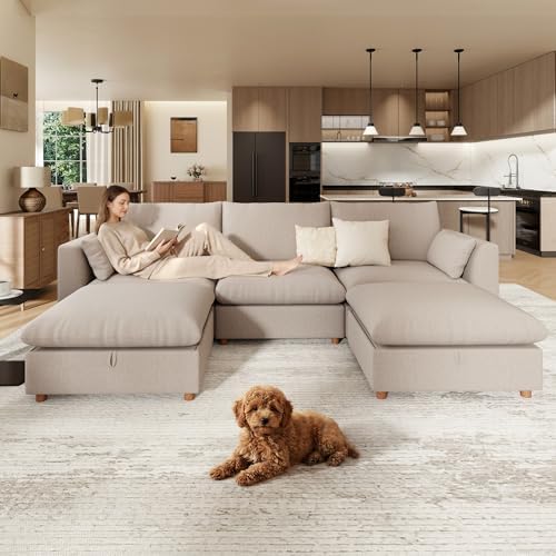 WorthFurni Oversized Modular Sectional Sofa,111" U Shape Sectional Cloud Couch with Storage Ottoman,Comfty 5 Seat Modular Sofa for Living Room,Sand Chenille