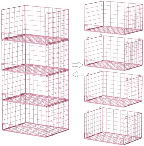 4-Tier Closet Organizers and Storage, Stackable Closet Organizer Basket, Foldable Closet Shelf Organizer Basket, Stackable Storage Bins and Organizer Shelves for Home Closet Organizer System, Pink
