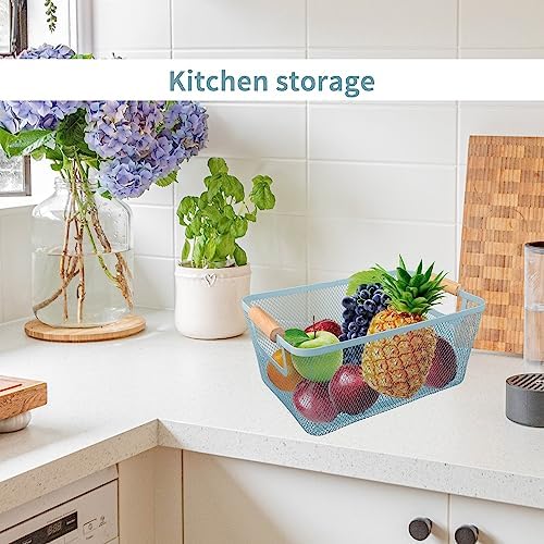 2Pack Metal Mesh Steel Basket with Bamboo Handle - Wire Metal Basket for Kitchen Organization, 12" Wide Food Organizer Bin, Perfect for Organizing Bulk Pantry (BLUE)