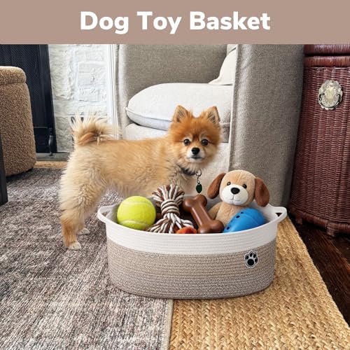 30L Large Woven Rope Dog Toy Basket with Paw Print, Mixed Brown | 19.7" x 11" x 7.9" Dog Toy Bin & Box with Handles, Storage Basket for Blankets Towels, Fits Living Room Nursery Bedroom