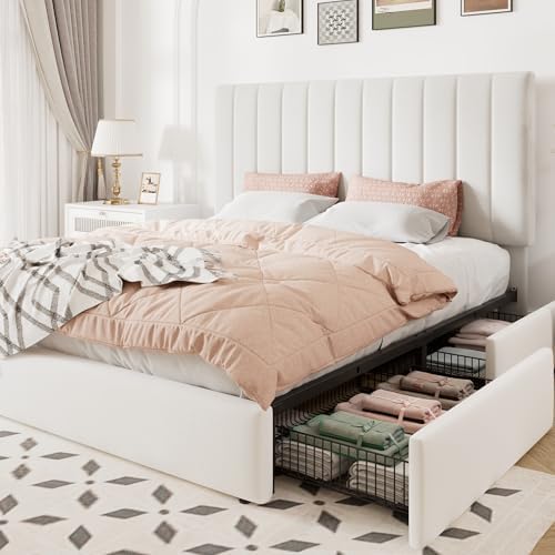 Allewie Full Size Storage Bed Frame, Vertical Channel Tufted Adjustable Headboard, Velvet Upholstered Platform Bed with 4 Oversized Underbed Drawers, Wooden Slats Support, No Box Spring Needed, White