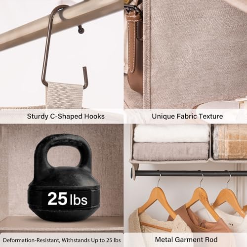 StorageWorks Hanging Closet Organizer with Rod, 4 Sections, 2 Tiers, Brown | Maximize Closet Space with 4 Open Sections and Built-in Rod for Hanging Clothes Below