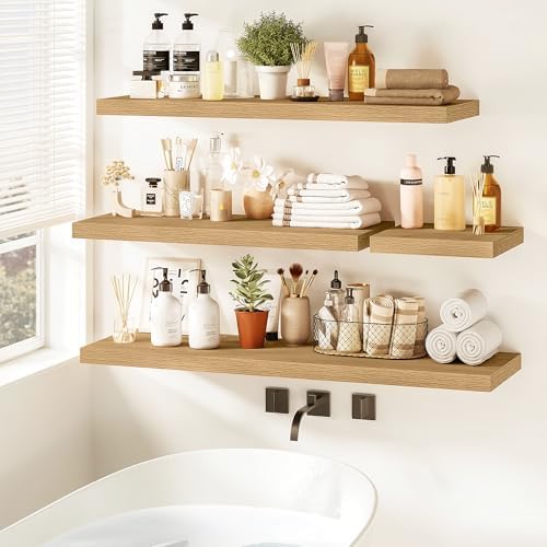 Vivelove Floating Shelves 9 inch Deep 36”Long Set of 2, Oak | Easy Install With Hardware, 1.5" Thick, Invisible Brackets, Wall Mounted, No Sagging, For Any Room