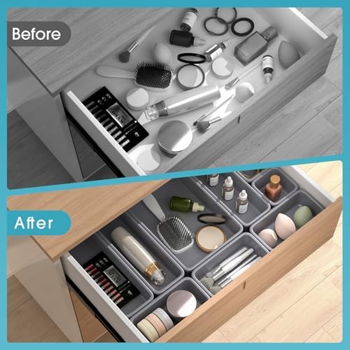 25 PCS Drawer Organizer Set, 4 Size Makeup Drawer Divider Organizer With Non-Slip Pads, Interlocking Plastic Storage Bins for Office,Jewelry Vanity,Gadgets, Bathroom,Kitchen, Grey