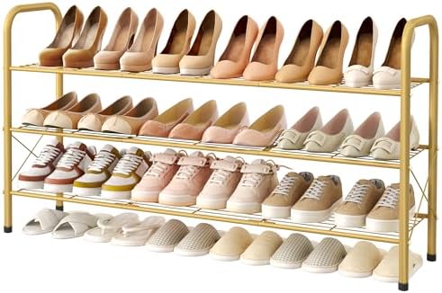 Hoctieon 3 Tier Mesh Style Shoe Rack, Entryway Shoe Shelf, Shoe Storage Organizer, Shoe Rack for Closet, Space Save for Bathroom, Garage, Hallway, Bedroom, Living Room, Gold