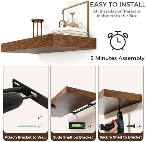 48 Inch Floating Shelves for Wall, 12"D Wood Storage Shelves, Brown Finish