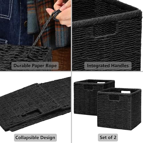 Vagusicc 11 inch Wicker Storage Basket, Set of 2 Black Wicker Baskets
