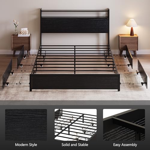 VINGLI Full Bed Frame with 4 Storage Drawers and Adjustable Headboard Shelf, Metal Double Platform Captain Bed with Charging Station and RGB LED Lights, No Box Spring Needed, Noise Free, Black