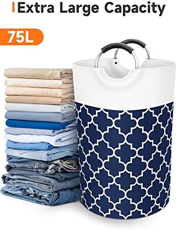 Large Laundry Basket 75L Tall Collapsible Hamper with Handles for Dorm Blue