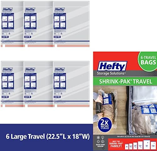 Hefty Shrink-Pak Large Travel Bags - Airtight Storage Bags for Maximum Space Saving, Travel Essentials, Ideal for Packing, Durable, Reliable Compression with Sealed Protection