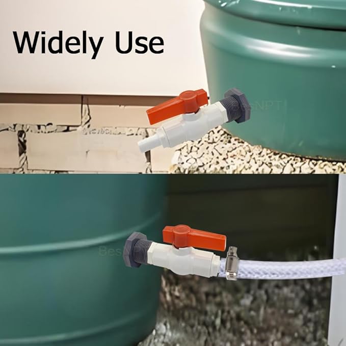 2Pcs Rain Barrel Spigot Faucet Kit with PVC Bulkhead Fitting Ball Valve Thread Seal Tape Clamps and Garden Hose Barb Adapter (5/8" Barb), fits 1-3/8 and 1-1/2 ID Hole