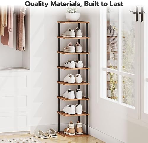 HOOBRO Vertical Shoe Rack, 8-Tier Narrow Shoe Shelf, Shoe Storage Organizer for Small Space, 11" L x 11" W x 53" H, Closet, Entryway, Hallway, Bedroom, Rustic Brown and Black BF22XJ01