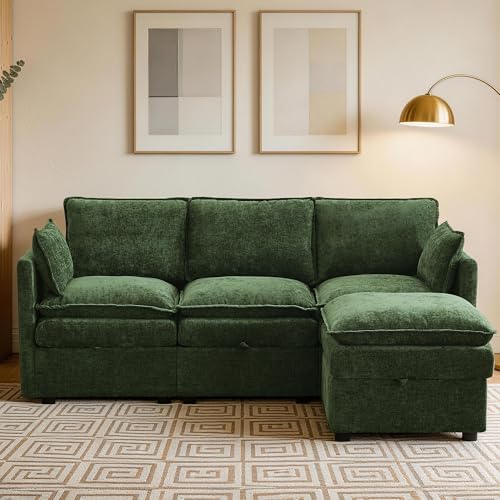 80" Modular L Shaped Storage Sofa with Ottoman, Cloud Sectional Sofa with Hidden Storage, Modern Chenille Couch with Ottoman for Living Room,Green