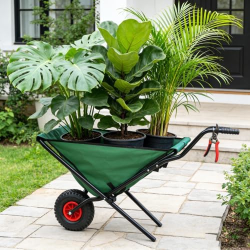Collapsible Wheelbarrow,176 lbs Folding Yard Garden Wheelbarrow, Foldable Lightweight Gardening Heavy Duty Oxford Cloth Green Lawn Cart,10" Pneumatic Tire