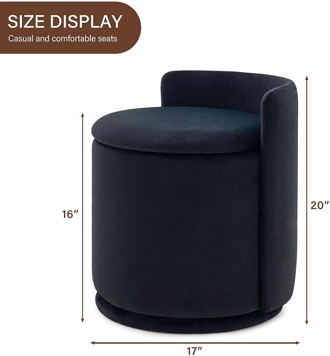 360° Swivel Makeup Chair with Storage, Upholstered Accent Stool with Back, Round Vanity Stool Ottoman for Living Room, Makeup Room, Bedroom (Black)