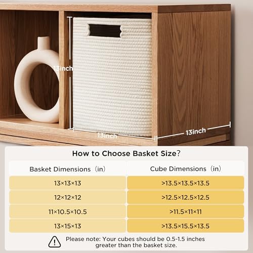 UBBCARE Set of 4 Cotton Rope Basket 13 X 13 X 13 Inches, Woven Storage Baskets for Shelves, Organizing with Handles, Cube Storage Bins for Storage Books, Magazines, White