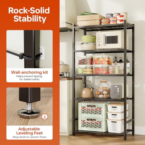 Storage Shelves, 5-Tier Metal Shelving Unit with 120 lbs Per Shelf, Leveling Feet, Storage Rack for Garage, Kitchen, Pantry, Closet, 24" x 12.2" x 61.1", Black