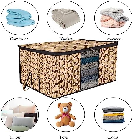 Kuber Industries Underbed Storage Bag | Clothes Storage Organizer | Blanket Cover with Clear Window | Zipper Closure & Handle Cloth Organizer | Check-Design | Large | Pack of 3 | Coffee