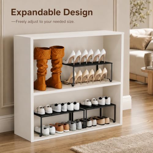 Extendable Metal Wire Shelf Organizer - Adjustable 15-24.4in Length, Stackable Storage Rack for Kitchen/Pantry/Bathroom/Shoe Cabinet/Tool Closet (2,Black)