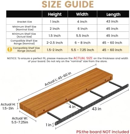 2pcs Floating Shelf Bracket Heavy Duty,Decorative Floating Shelf Hardware Hidden Black Metal Fireplace Mantel Brackets Without Jig (43"X4"X1.0" Without Tools)
