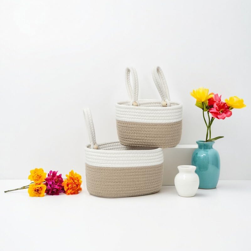 YAHUAN Cotton Hanging Basket for Organizing Hanging Wall Basket With Handle for Wall Decor Bedroom Car Seat Back Stroller (Khaki white)