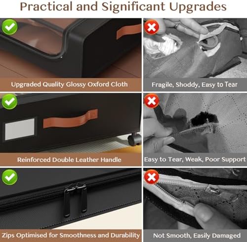 Under Bed Storage with Wheels, UnderBed Storage Containers with Clear Lid and Handles, XXL 60L Under the Bed Storage Bins Drawers for Clothes,Blankets,Shoes,Books (BLACK, 2 PACK)