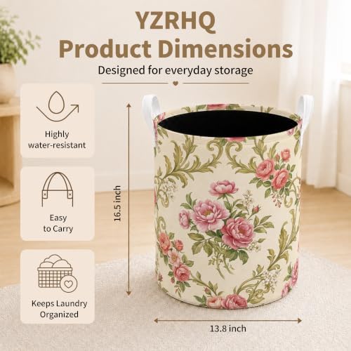 Vintage Rose Floral Laundry Basket, Cottagecore Elegant Pink Flower Waterproof Laundry Hamper Clothes Toys Storage Organizer Bin for Bathroom Bedroom
