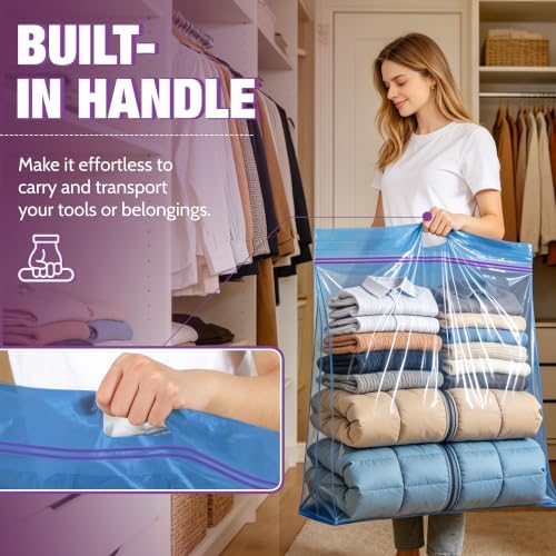 GOONIK 25 Gallon Jumbo Storage Bags with Zipper and Handle for Clothes Pillow Travel Moving, Extra Large, 35” x 24”, Blue, Pack of 6