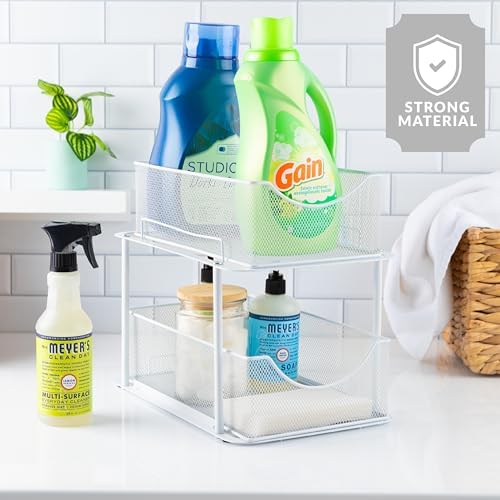 Sorbus Pull-Out Under Sink Organizer, Mesh Construction (White, 2 Pack) | Two-tier metal organization with strong steel and sliding drawers for bathrooms, kitchens, cabinets, closets and pantries.