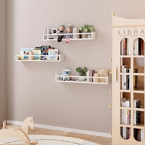 Fixwal Floating Nursery Book Shelves for Wall, 23.6in, Set of 3, White | Solid wood shelves store kids' books, toys and clothing. Fits kids' room, playroom, nursery, living room, bedroom & bathroom.