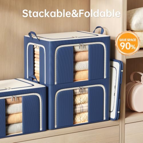 3 Openings Clothes Storage Bins with Metal Frame，24L (navy blue)