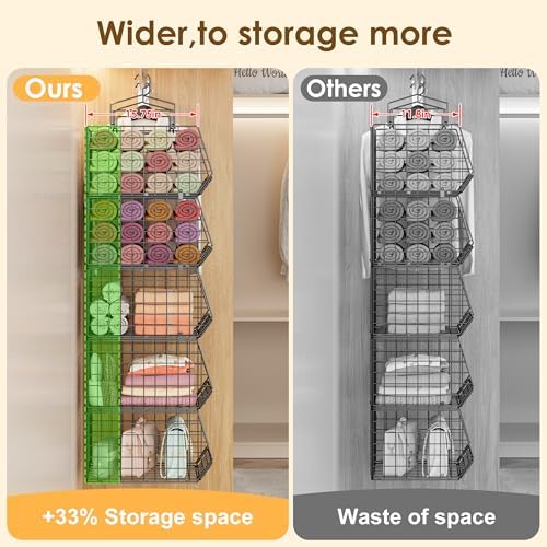 4" Extra Deeper Hanging Closet Organizers and Storage,4 Tier Foldable Wire Cabinet Shelves with 5 S Hooks,Small Metal Basket Bins for Clothes Sweaters Handbags, Wardrobe for Kitchen Laundry Room，Black
