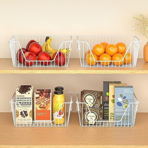 Stackable Wire Metal Baskets Cabinet Organizer Sturdy Metal Wire Pantry Freezer Bin with Handle for Kitchen Fruit Vegetable Organization, White, 3Packs