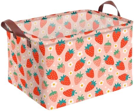 Strawberry Storage Basket Waterproof Canvas Toy Storage Bin Strawberry Shortcake Room Decor Collapsible Outdoor Basket with Leather Handles Blanket Baskets For Closets,Bedrooms,Gifts Baskets