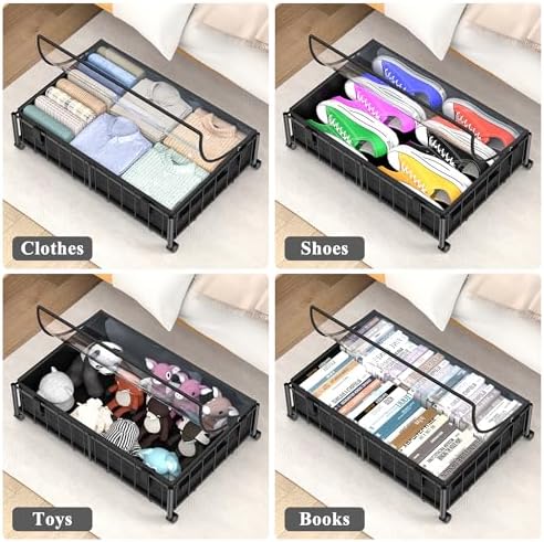 Hleelomi Under Bed Storage with Wheels and Storage Bag, 360° Rolling Under Bed Metal Drawers for Clothes, Blankets, Books and Shoes,Black， 2pack