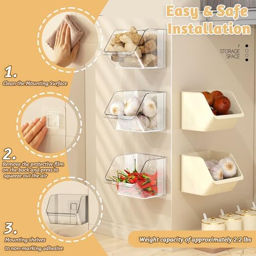 3 Pack Wall Mounted Storage Organizer Bins, Floating Shelves Fridge Organizer Storage Bins, Stackable Organizer Basket for Wall, Refrigerator, Kitchen, Bathroom, Countertops, Pantry (White)