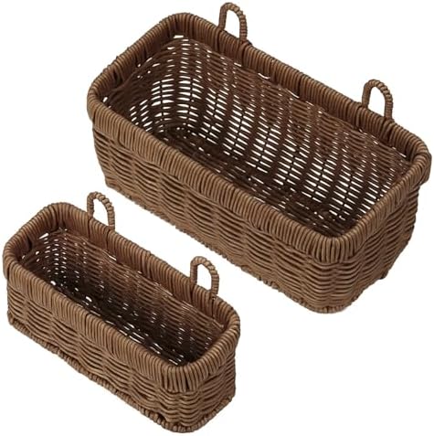 Tioncy 2 Pcs Woven Hanging Wall Baskets for Storage with 4 Hooks | Hanging Wicker Basket for Kitchen Garden Bathroom, Woven Style with 4 Hooks, Wall Mount Organizers, Boho Decor Lightweight