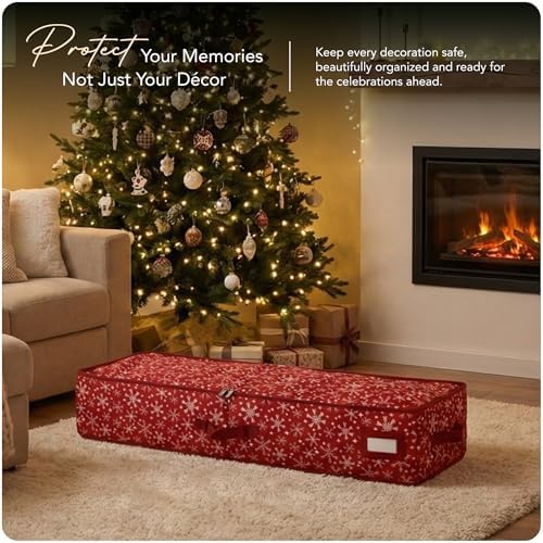 Covermates Keepsakes Underbed Storage Bag - Carrying Handles, Mesh Interior Pocket - Holiday Storage, Red Snowflake