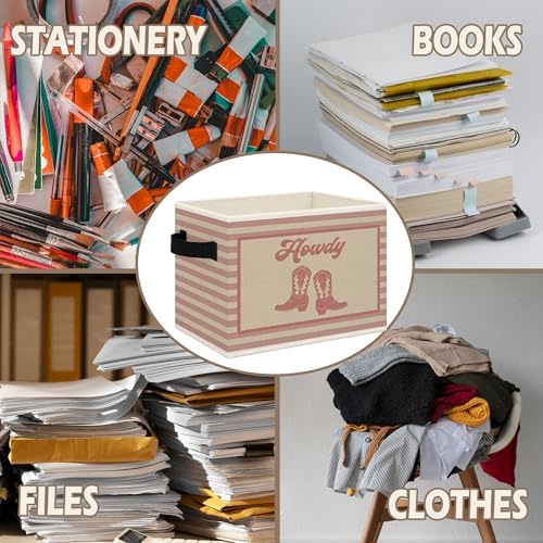 Pink Western Howdy Foldable Storage Bins Box with Handles, Cowgirl Boots Western Nursery Striped Collapsible Toys Books Clothes Organizer Basket for Girl Nursery Room Bedroom Bathroom