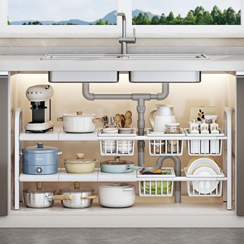 Under Sink Organizer，2 Tier Expandable Heavy Duty Metal Shelf，with 5 Removable Panels and 5 Storage Basket for Under Kitchen Bathroom Sink Organizers and Storage (White, X-Large)
