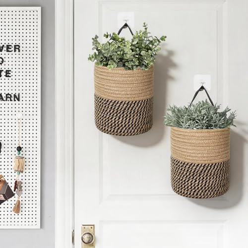 MEGASKET 2 Pack Wall Basket, Small Hanging Baskets for Organizing, Wicker Boho Wall Decor Set, Indoor Hanging Plant Holder Jute Rope Storage Basket, Rattan Woven Organizer for Decor, Black and Jute