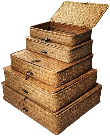 5 Pcs Seagrass Basket with Lid 5 Sizes Decorative Storage Boxes Rattan Wicker Storage Basket with Lids Woven Organizer Baskets Multipurpose Flat Storage Bins for Shelf Closet Bedroom (Brown)