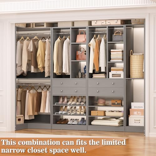 Besiost Closet System with 2 Drawers, 3 Hanging Rods, 59.5" * 31.5" Closet Organizer System with Corner Tower, Reversible L Shaped Walk-in Closet System, Corner Closet System Set of 2, Morandi Grey