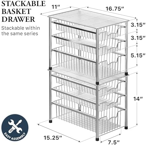 Simple Houseware Stackable 3 Tier Sliding Basket Organizer Drawer, Chrome